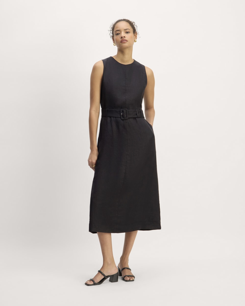 womens-linen-belted-midi-dress-black | primary