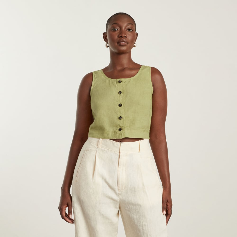 womens-linen-button-crop-tank-leek | primary