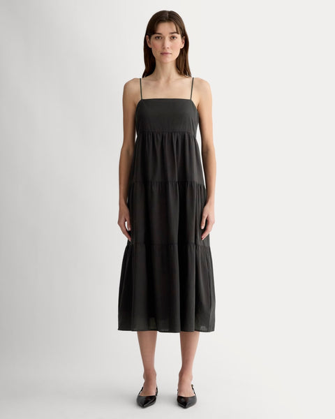 slim fit dress slacks Everlane Gauze Tiered Dress in Black, Size Medium, Cotton