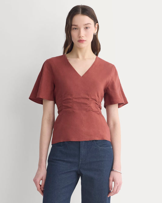 womens-cinched-top-in-stretch-linen-henna-red | primary