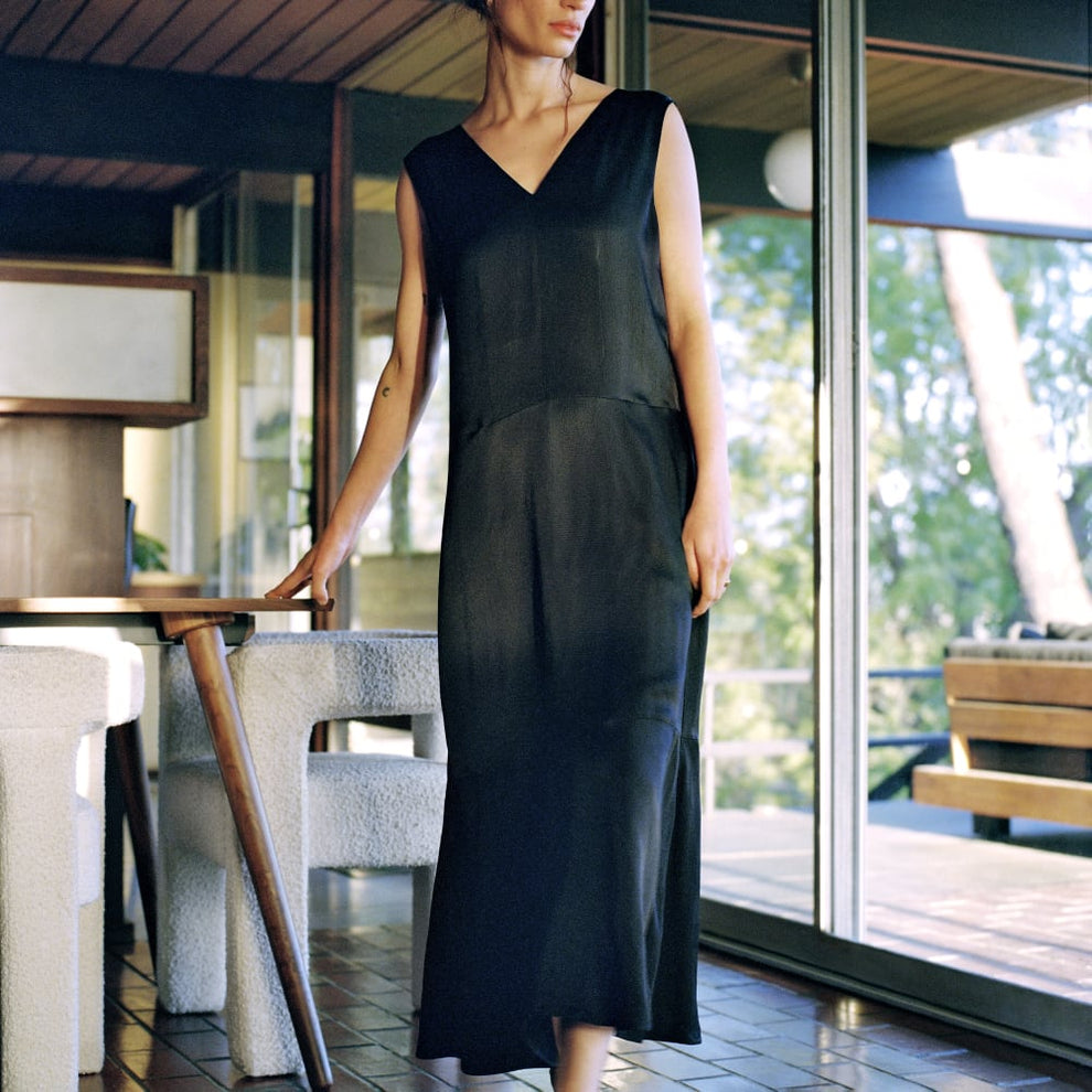 Belted V-Neck Satin Maxi Evening Dress