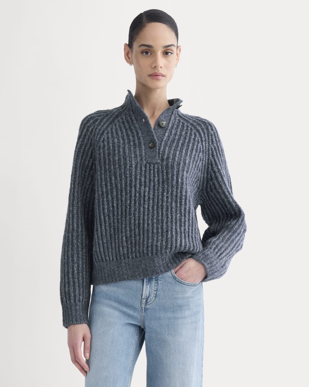 Funnel-Neck Ribbed Henley Sweater