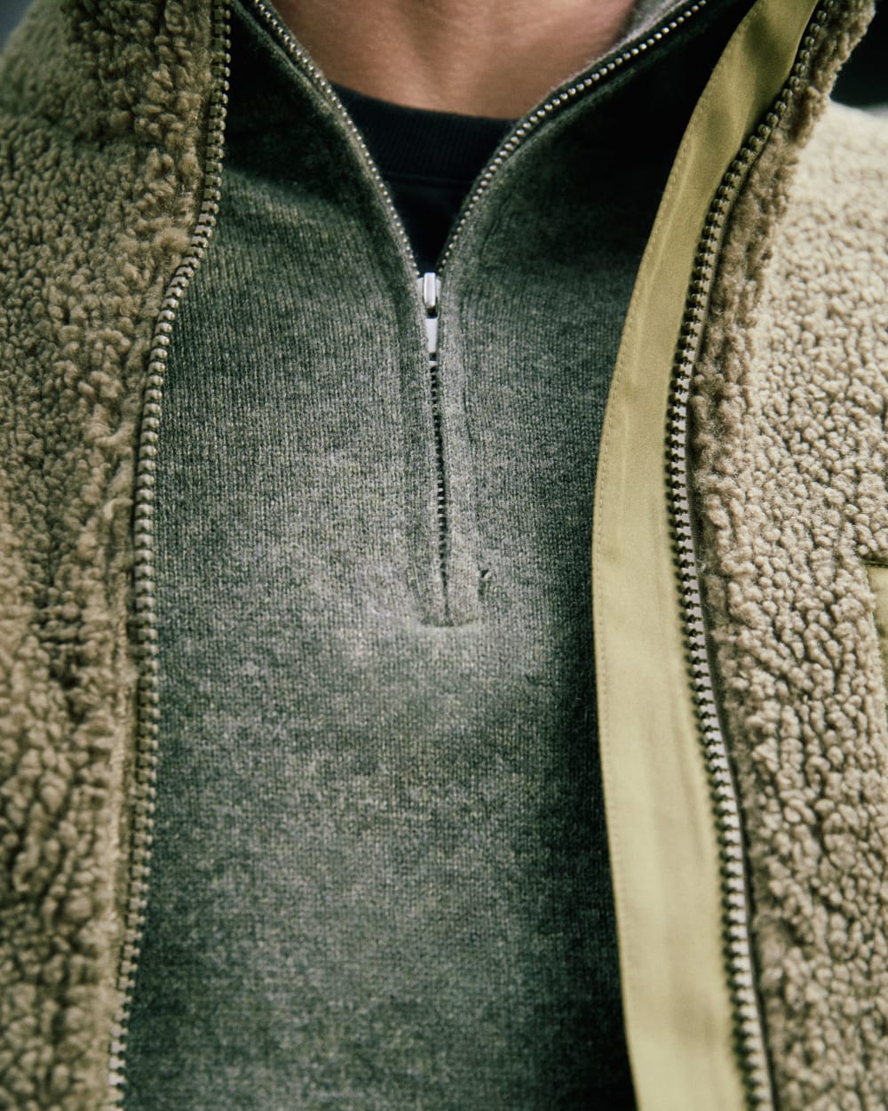mens-cashmere-quarter-zip-sweater-hthr-army-green | editorial