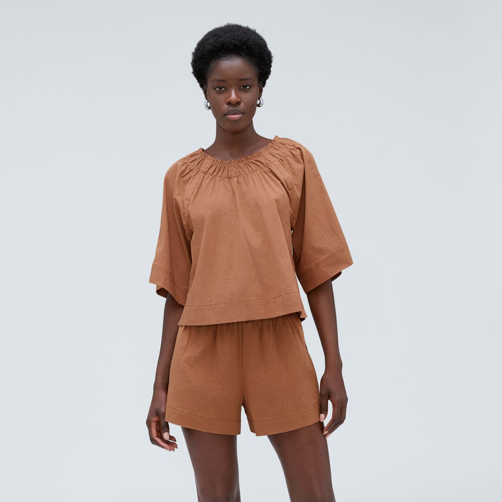 The Seersucker Gathered Tee | Tawny Brown - XXS