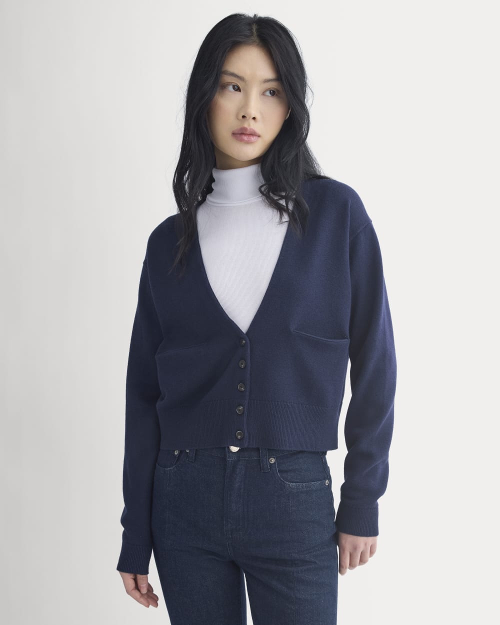 Deep V-Neck Cardigan in Cotton Merino