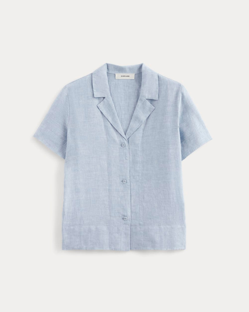 Notch Collar Linen Shirt - Light Blue