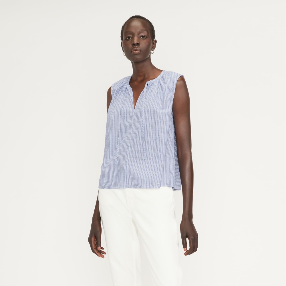 womens-gathered-tie-front-top-mazarine-blue-white | primary