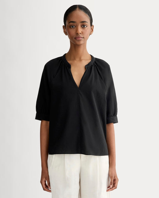 womens-gauze-gathered-top-black | primary