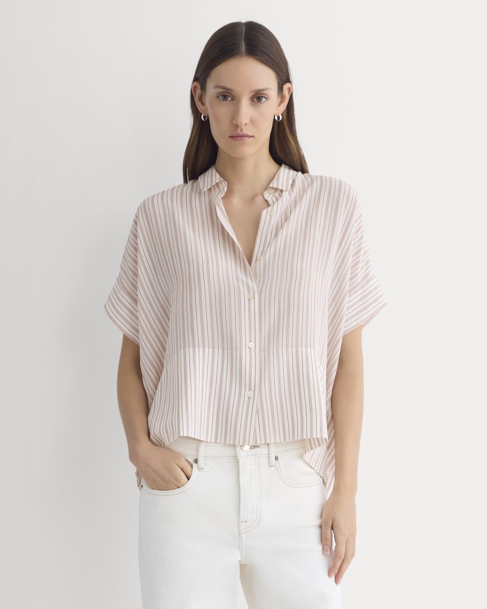 Everlane Boxy Shirt, Washable Silk, Bone/Rose, Size 2