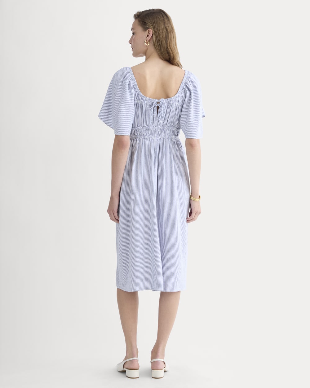 Everlane Flutter-Sleeve Dress, Stretch Linen, White/Dutch Blue, Size XS Everlane Flutter-Sleeve Dress, Stretch Linen, White/Dutch Blue, Size XS