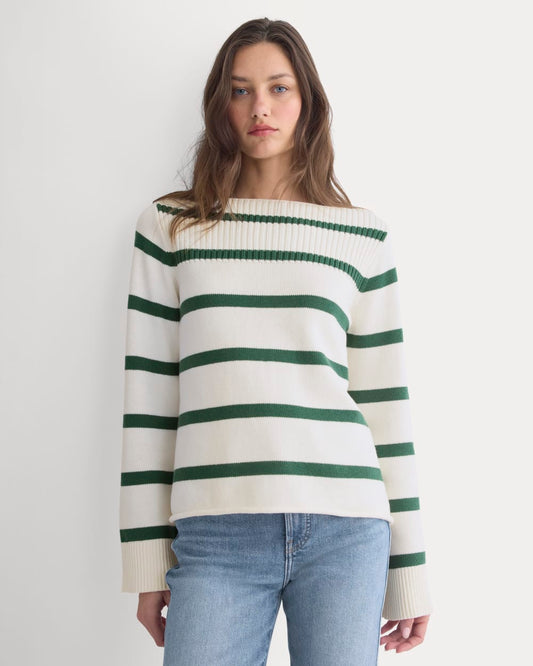 womens-striped-boatneck-sweater-cotton-hunter-green-bone | primary