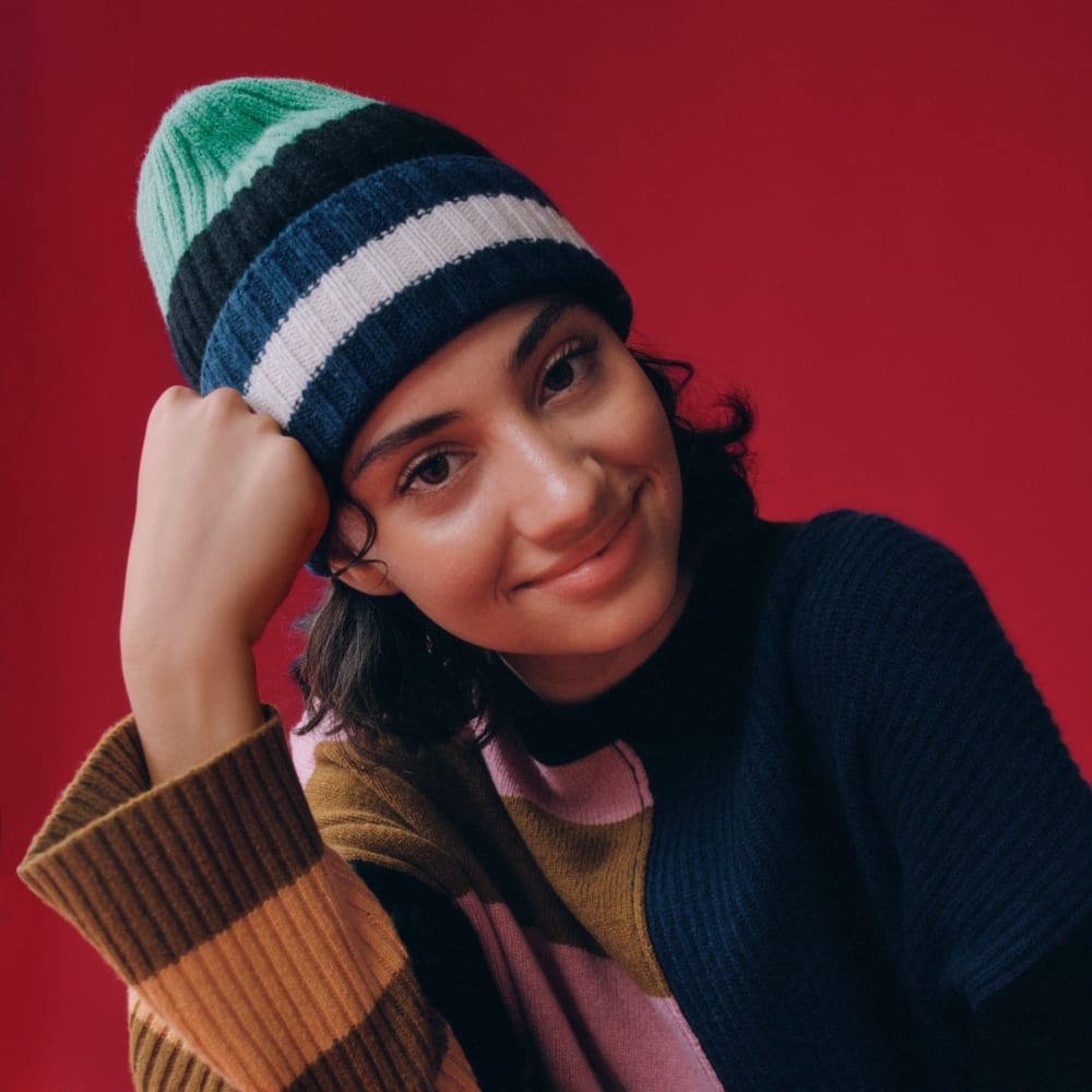 unisex-recashmere-beanie-bright-navy-multi-stripe | primary