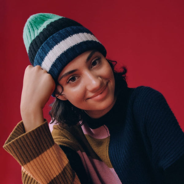 The Cashmere Beanie | Bright Navy Multi Stripe – Everlane
