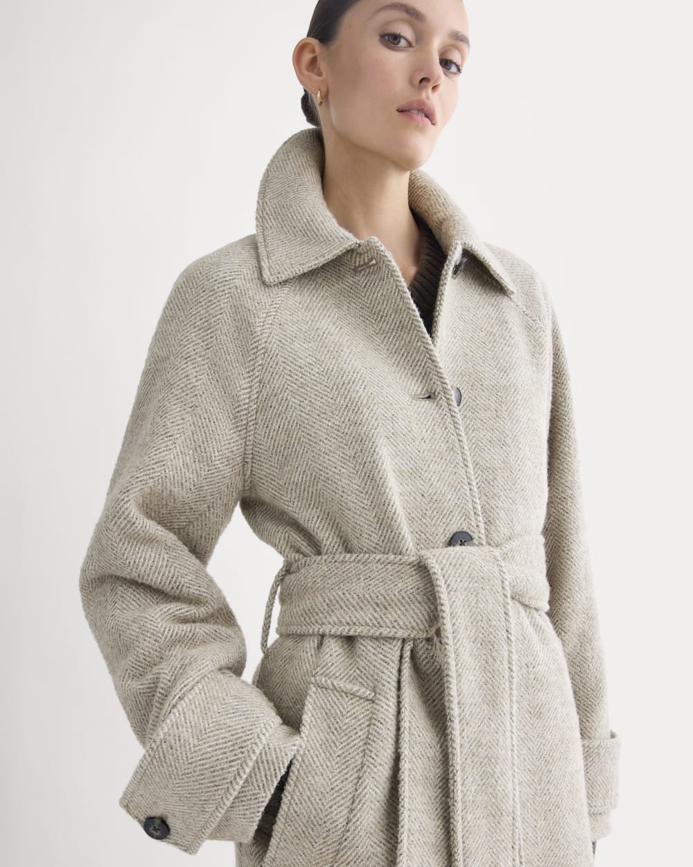 Italian Belted Overcoat | Taupe Herringbone