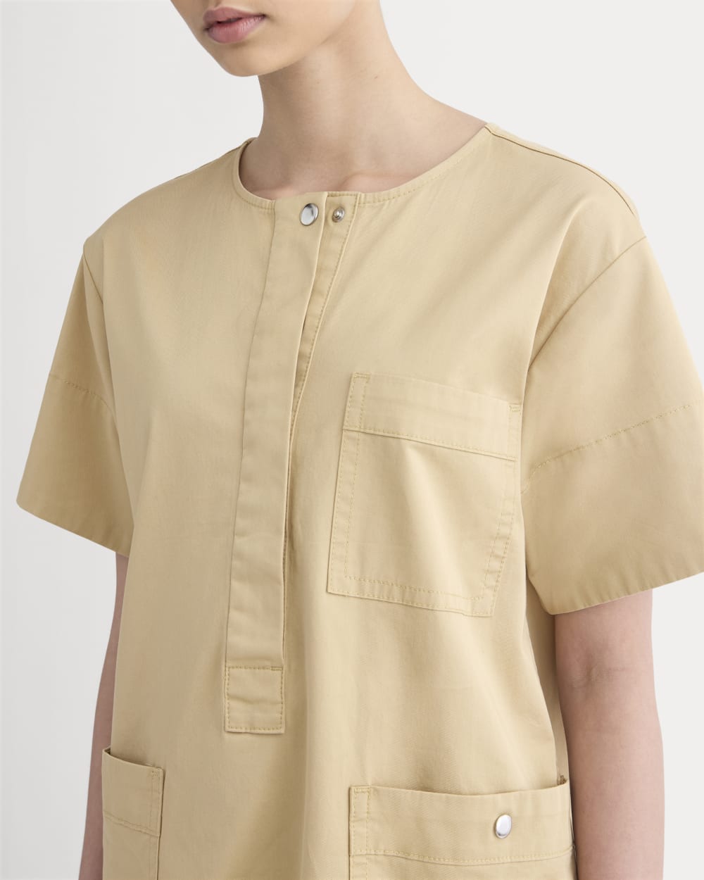 Everlane Safari Mini Dress In Classic Khaki, Size Medium, Cotton/Leather Everlane Safari Mini Dress In Classic Khaki, Size Medium, Cotton/Leather