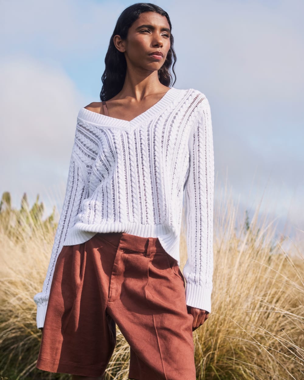 womens-mesh-cable-v-neck-everyday-cotton-white | editorial