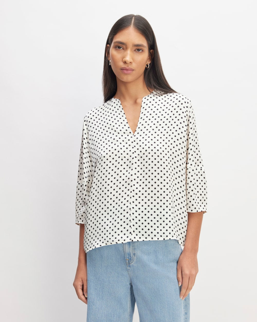 womens-hammered-satin-balloon-sleeve-top-bone-black | primary