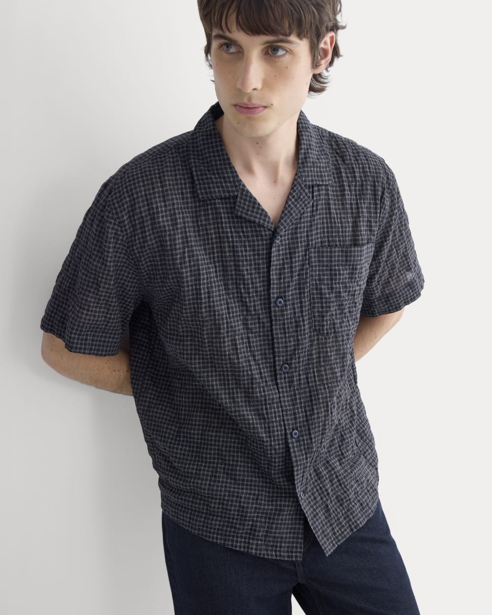 mens-textured-voile-resort-shirt-black-plaid | primary