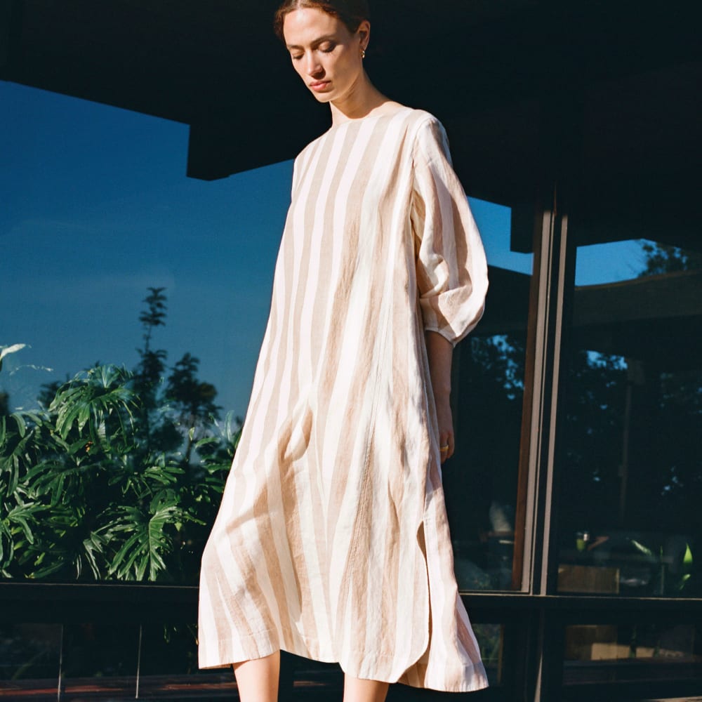 The Linen A-Line Midi Dress | Bone / Caramel Everlane The Linen A-Line Midi Dress | Bone / Caramel Everlane