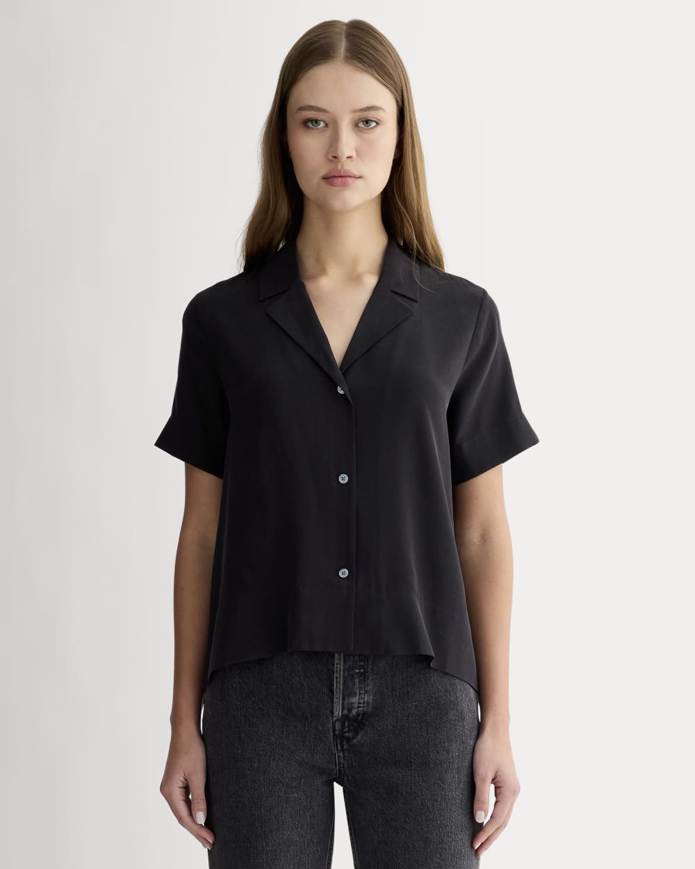 womens-clean-silk-short-sleeve-notch-shirt-black-black | primary