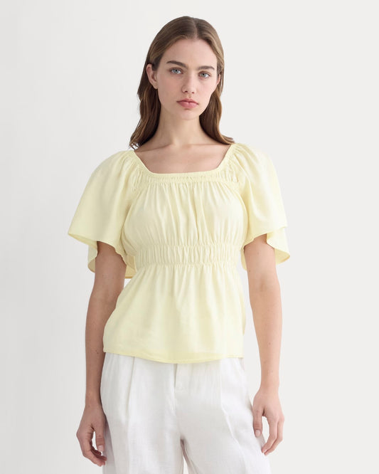womens-flutter-sleeve-top-stretch-linen-light-yellow | primary