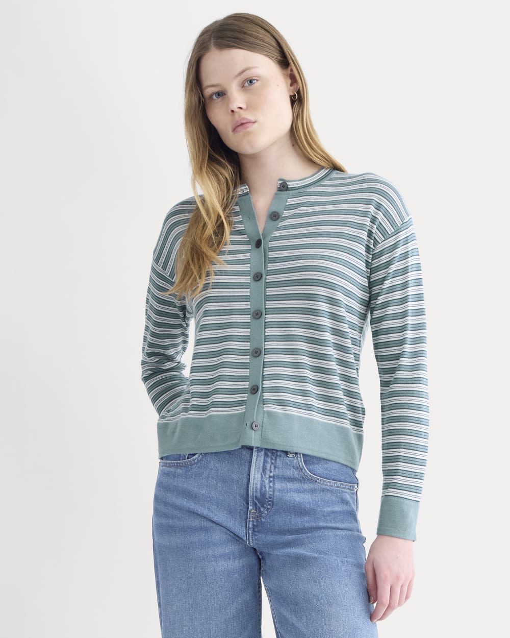 womens-crew-cardigan-in-ultrasoft-merino-reflecting-pond-stripe | primary