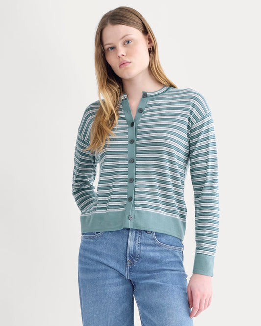 womens-crew-cardigan-in-ultrasoft-merino-reflecting-pond-stripe | primary