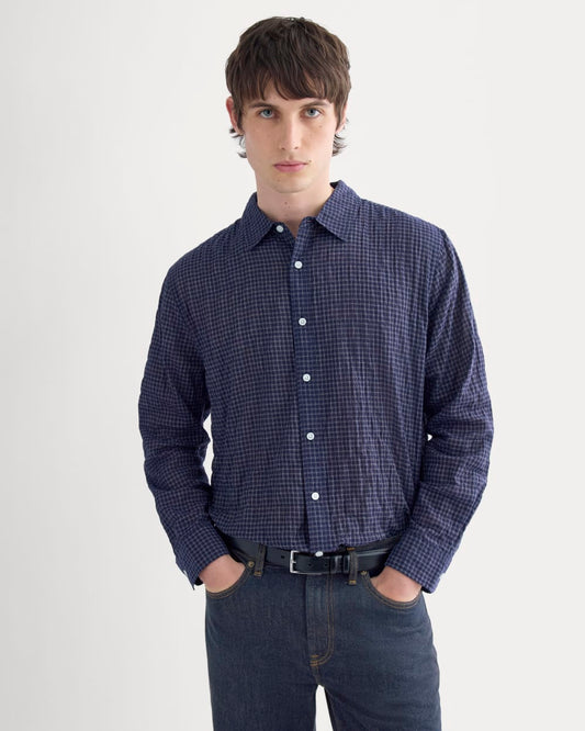 mens-textured-voile-button-up-shirt-navy-plaid | primary