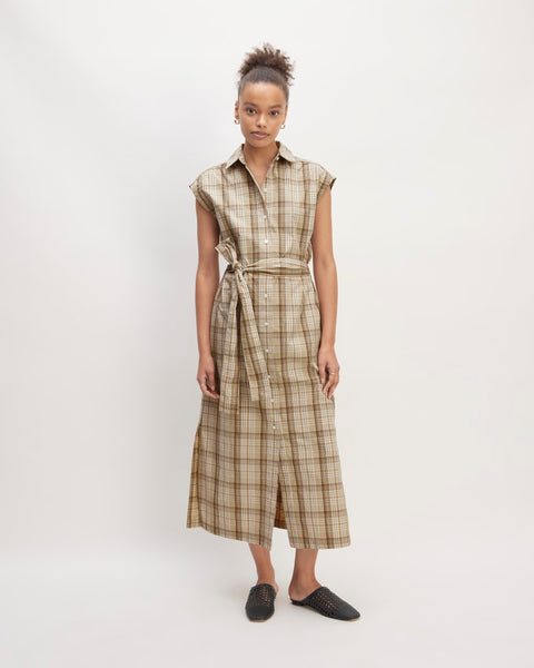 The Supima® Cotton Short-Sleeve Shirt Dress | Pale Khaki Plaid