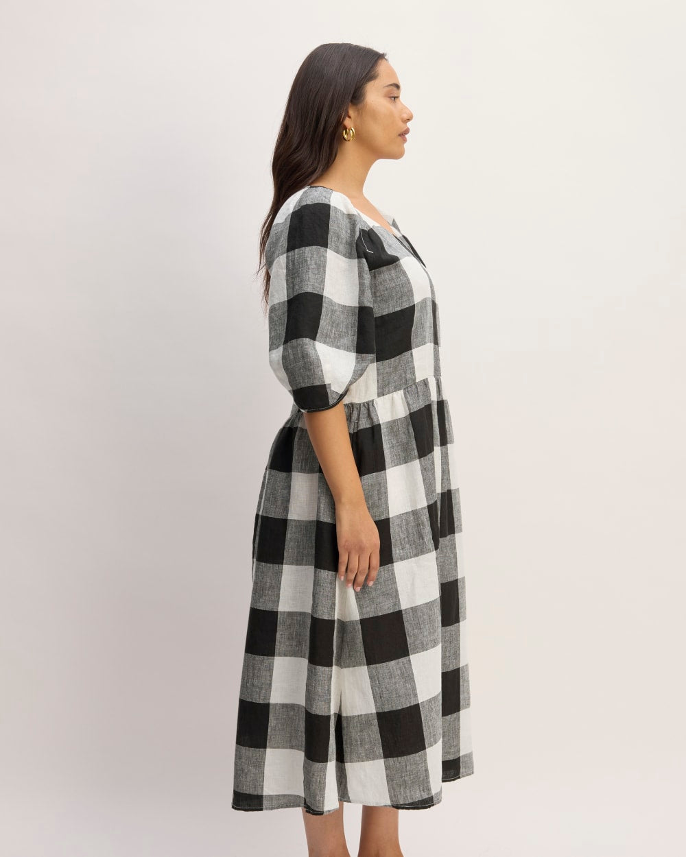 The Linen Oversized Puff-Sleeve Dress | Bone / Black Check Everlane The Linen Oversized Puff-Sleeve Dress | Bone / Black Check Everlane