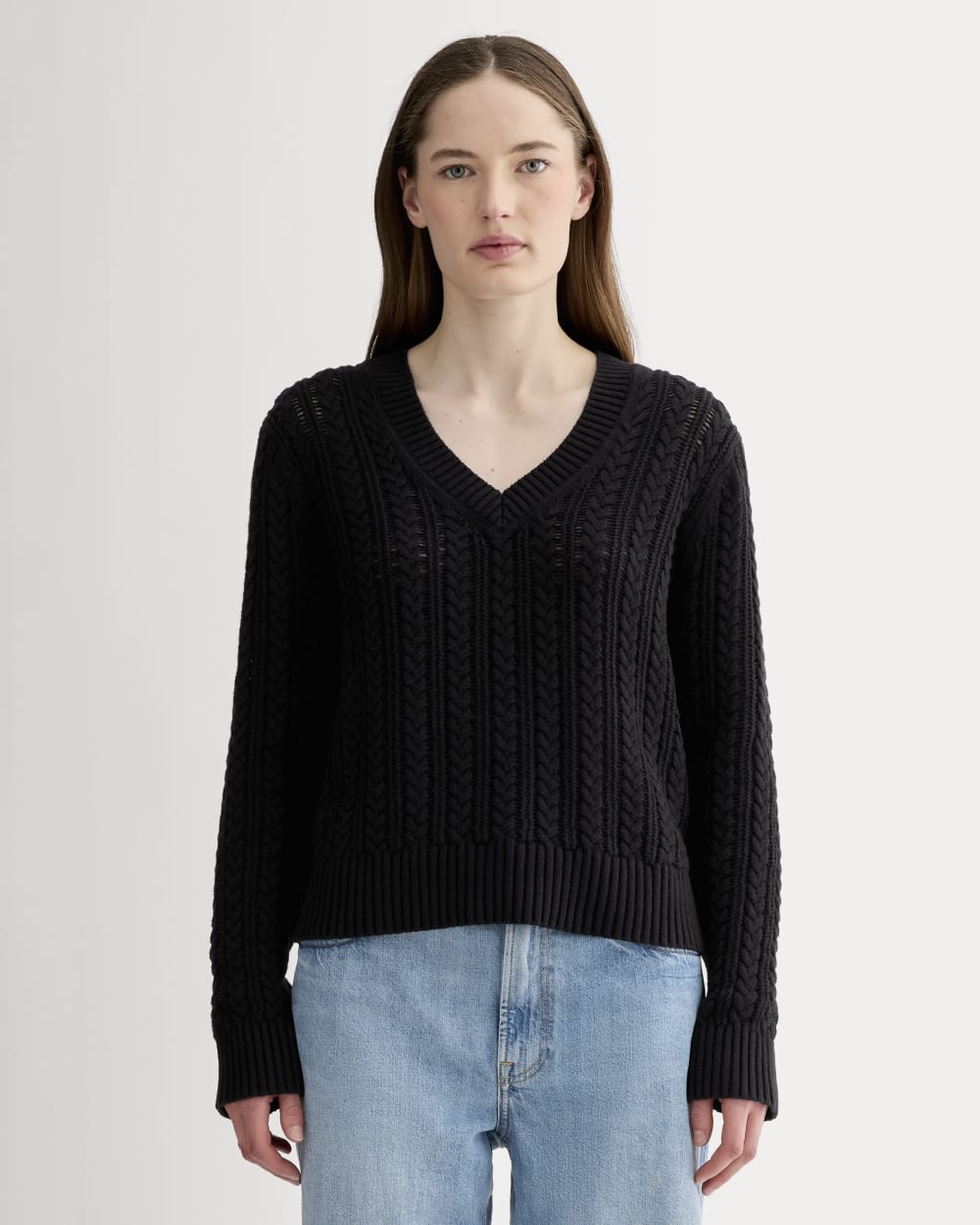 womens-mesh-cable-v-neck-everyday-cotton-black | primary