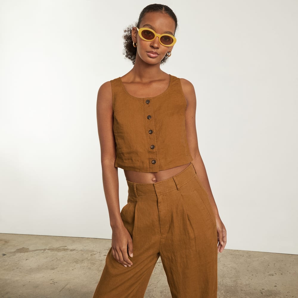 The Linen Button-Front Crop Tank | Tawny Brown – Everlane