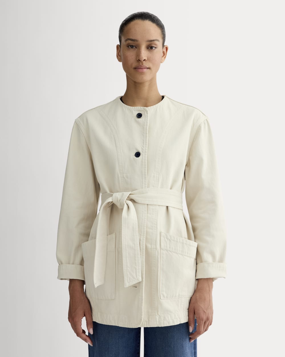 womens-long-denim-barrel-jacket-garment-dyed-sand | primary