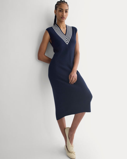 womens-relaxed-v-neck-midi-sweater-dress-navy | primary