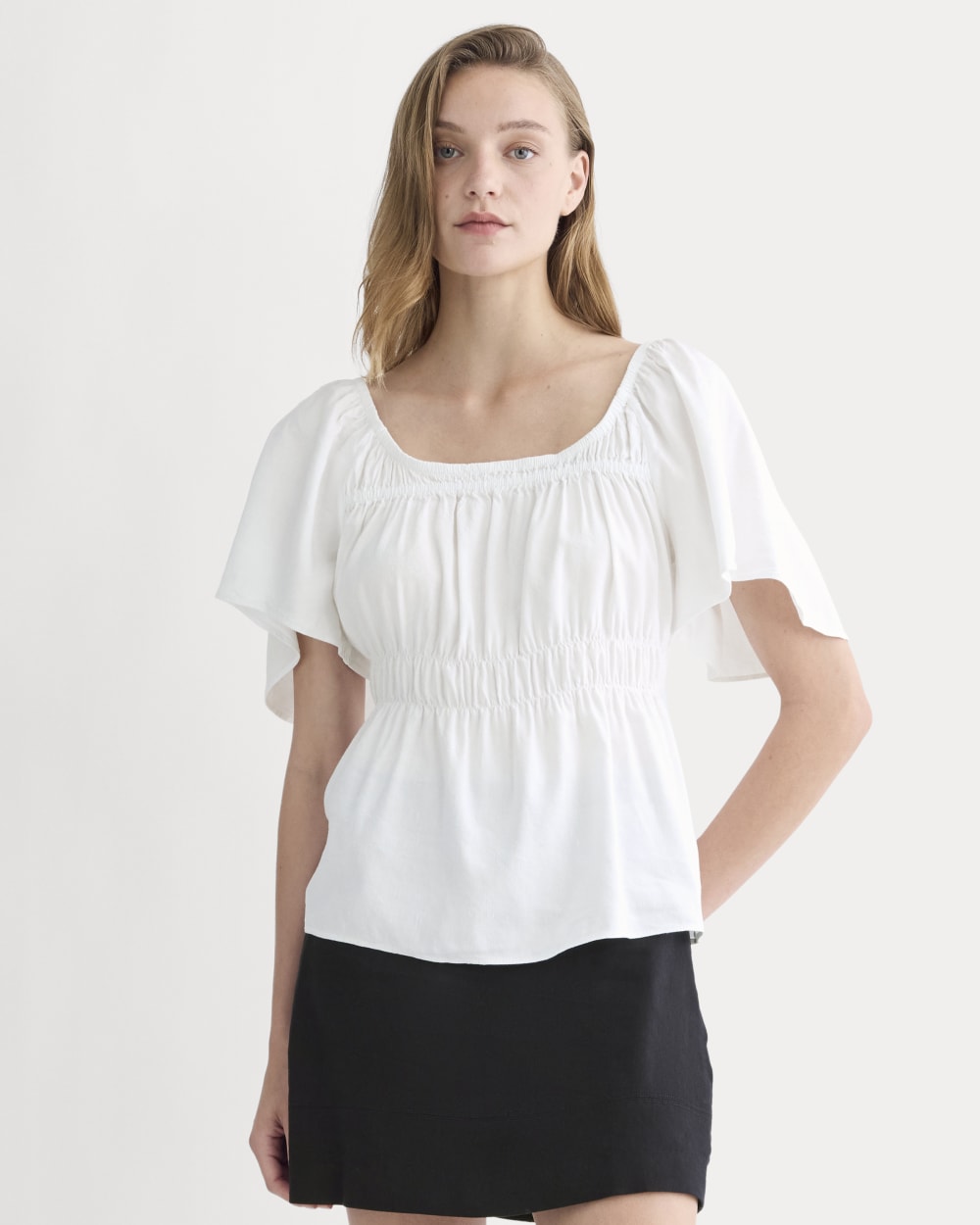 womens-flutter-sleeve-top-stretch-linen-white | primary