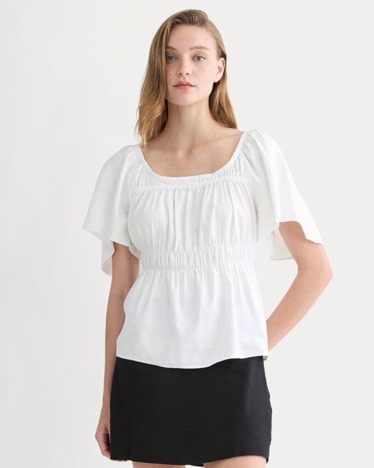 womens-flutter-sleeve-top-stretch-linen-white | primary