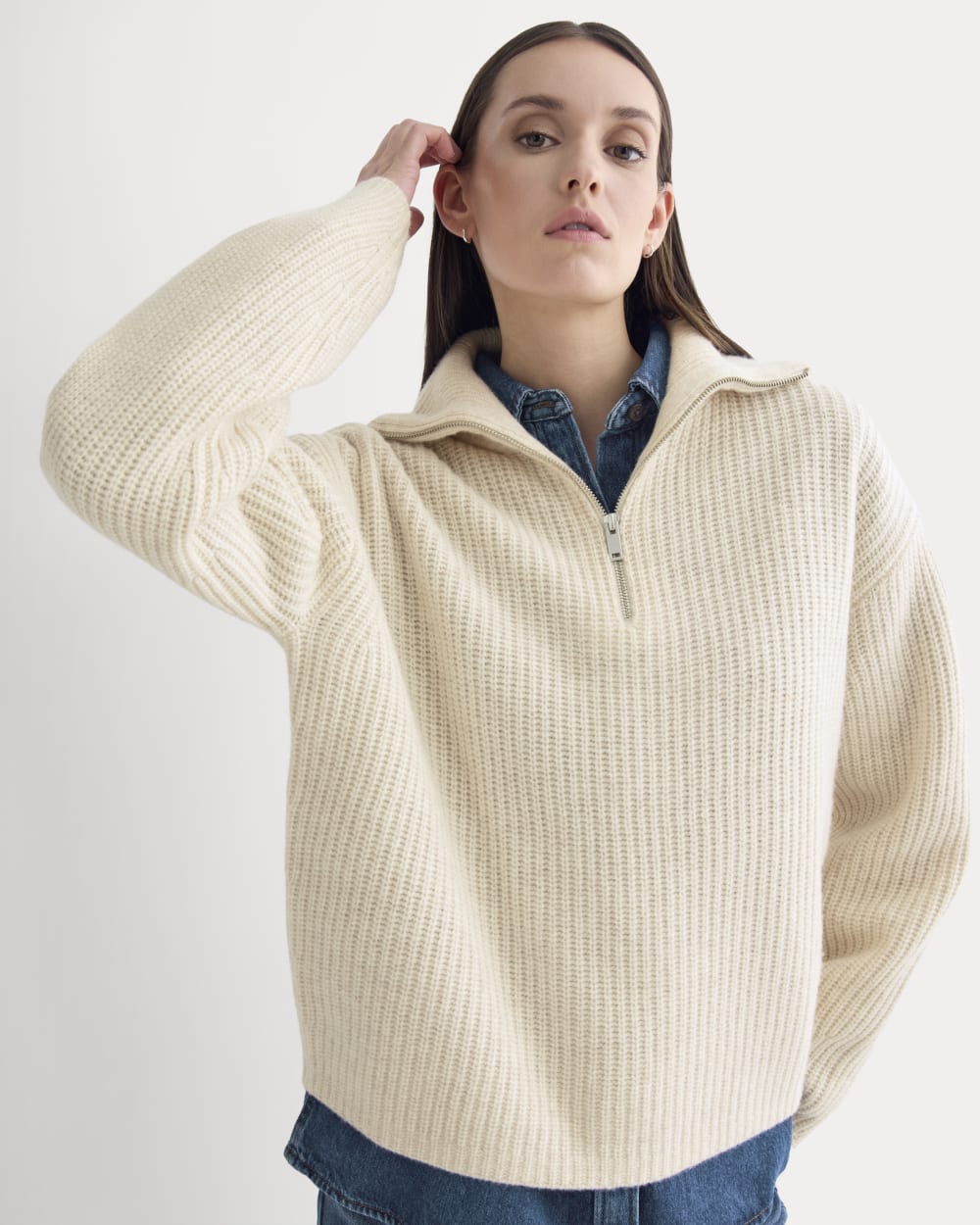 womens-half-zip-sweater-in-luxe-merino-heathered-oat | primary