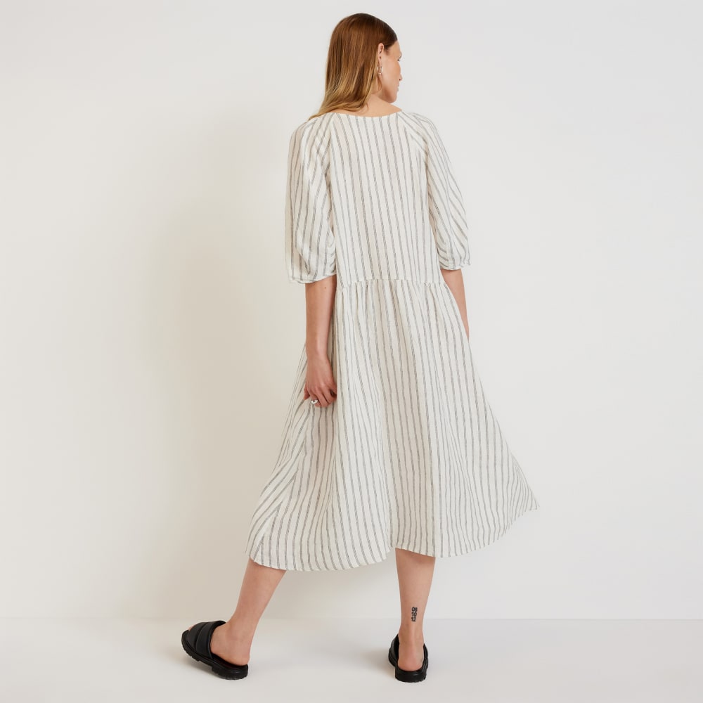 womens-linen-puff-sleeve-dress-black-canvas-tan