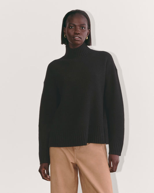 womens-wool-cashmere-honeycomb-funnel-sweater-black | primary