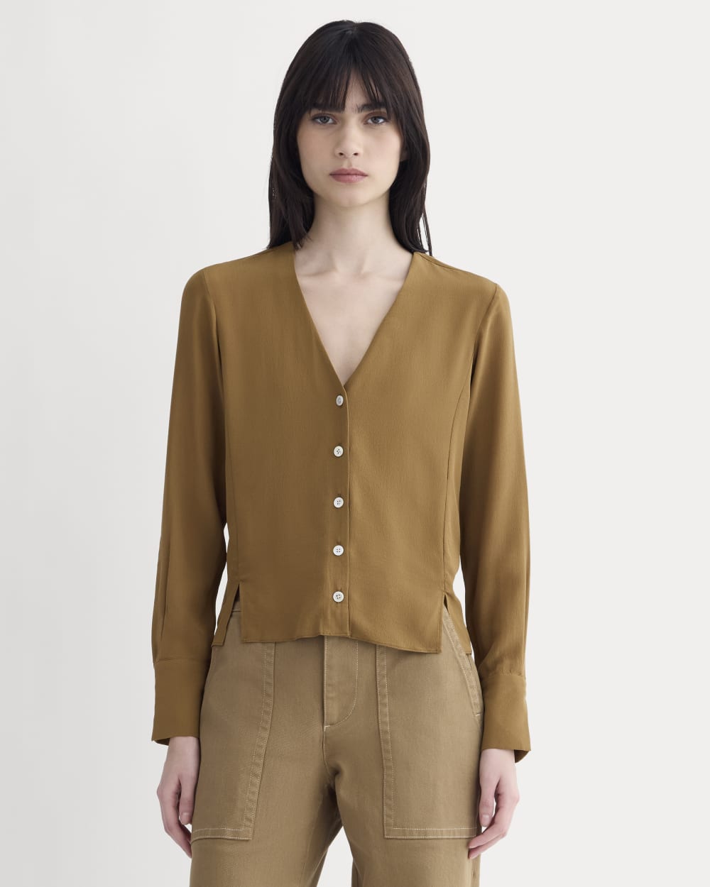 womens-v-neck-blouse-in-washable-silk-toffee | primary