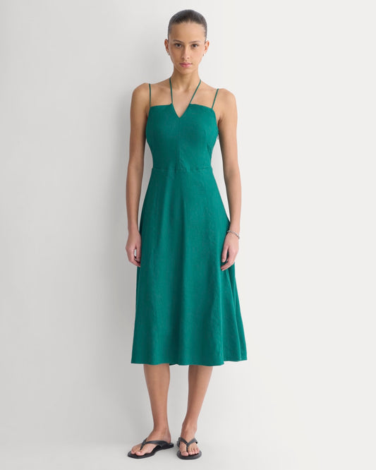 womens-tie-neck-dress-in-stretch-linen-evergreen | primary