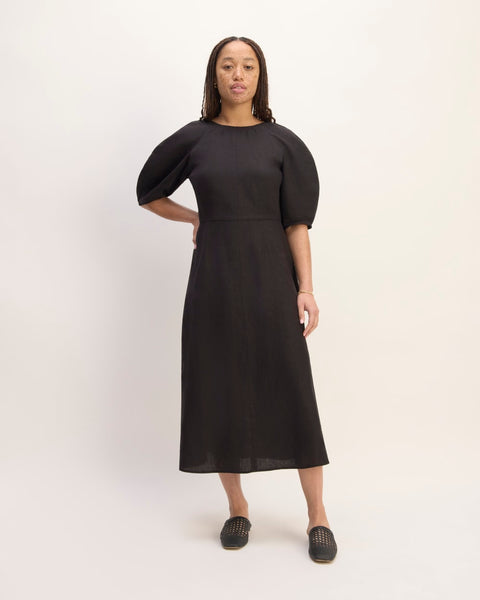 The Linen Short-Sleeve Scoop Midi Dress | Black  Everlane