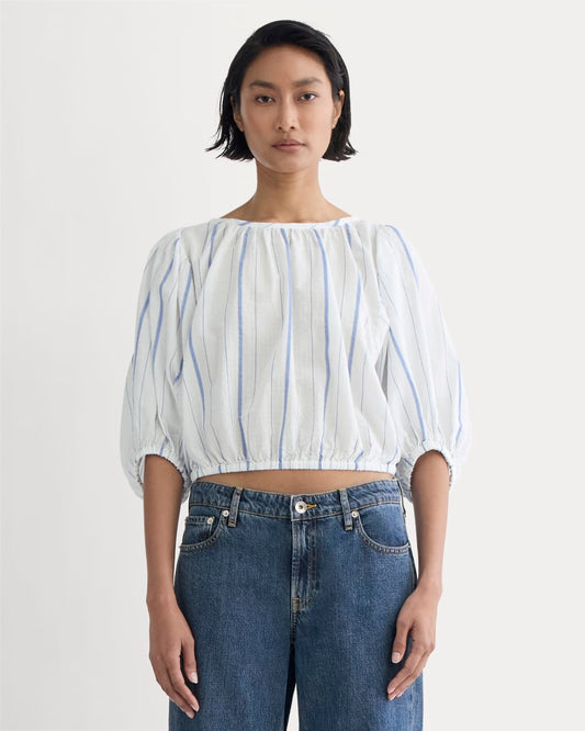 womens-gauze-puff-sleeve-top-bone-dutch-blue | primary