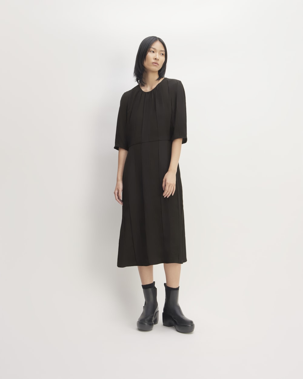 womens-city-stripe-ruched-dress-black | primary