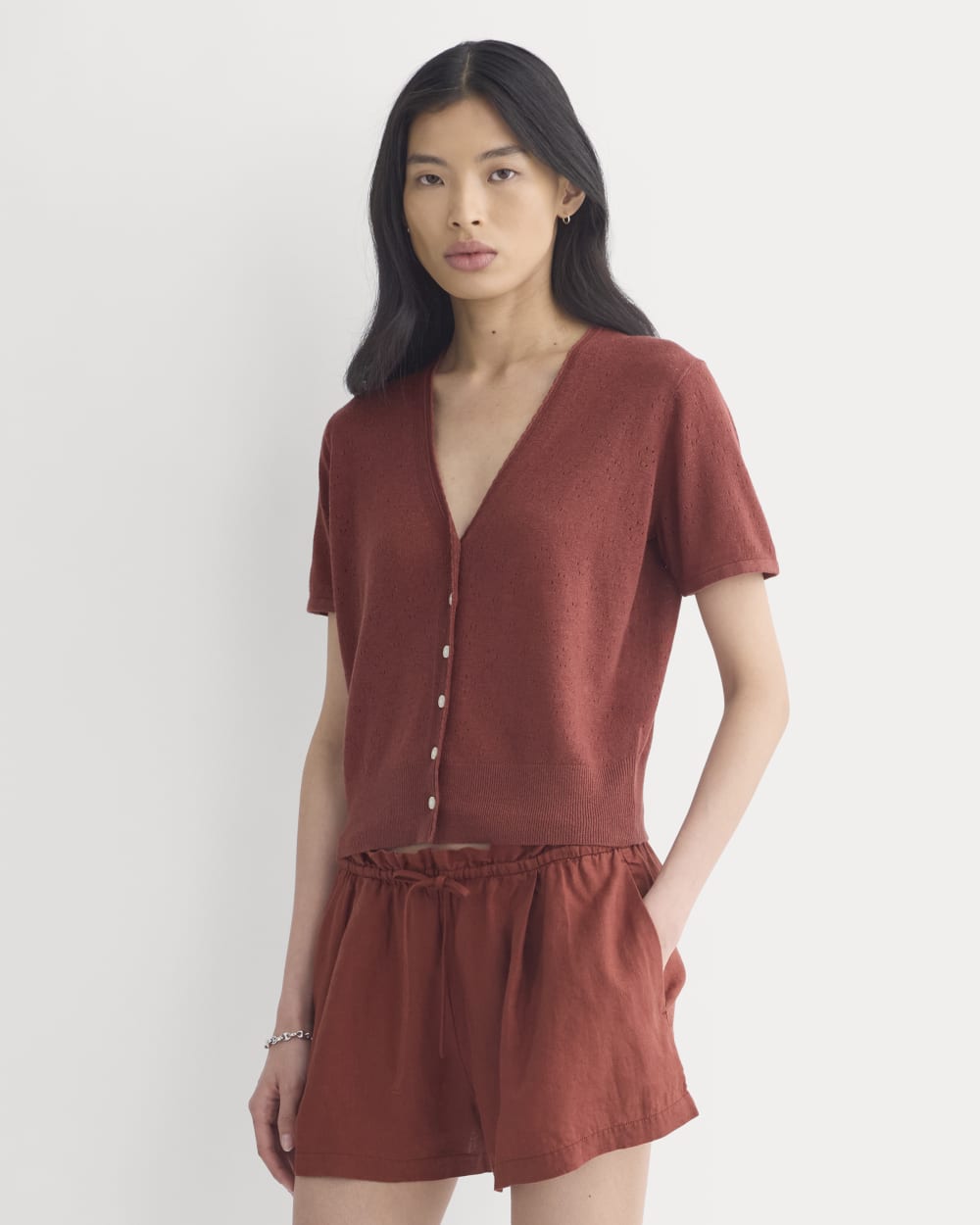 womens-lace-trim-cardigan-in-fine-linen-henna-red | primary