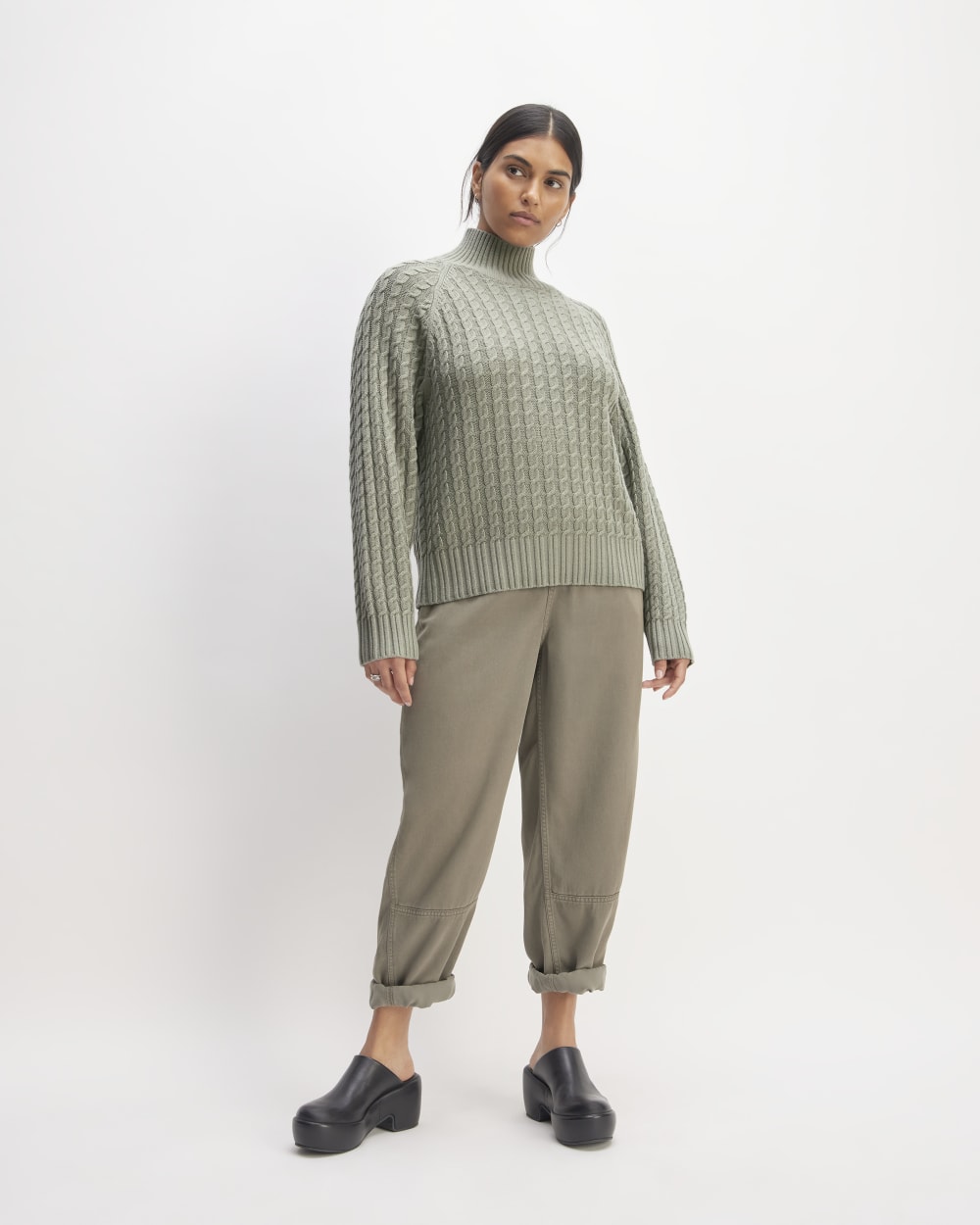 トップス MONGOLIAN CASHMERE TURTLENECK Sage Green The Cotton Merino Cable Turtleneck | Sage Green – Everlane