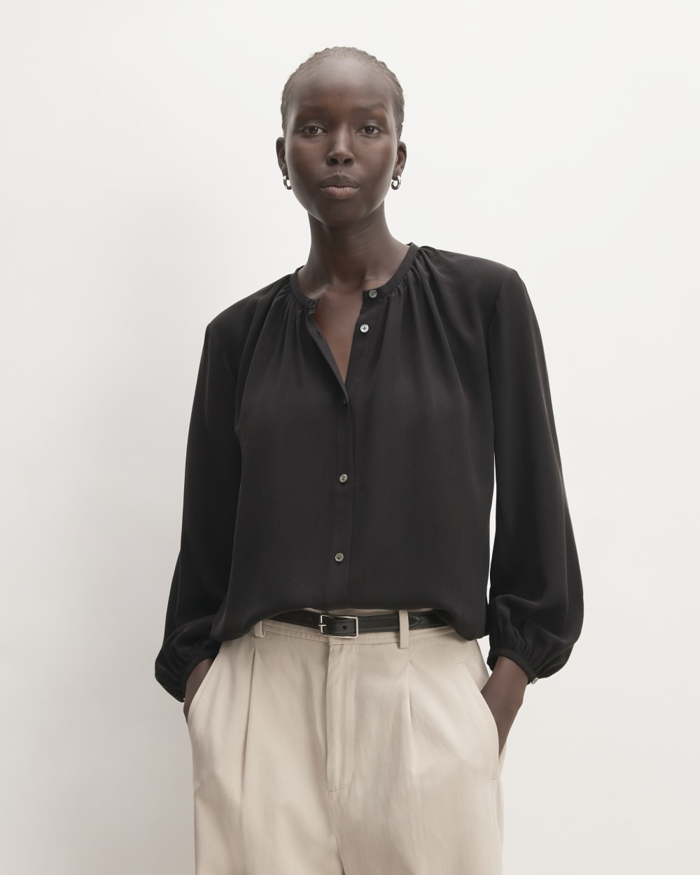 womens-clean-silk-shirred-blouse-black | primary