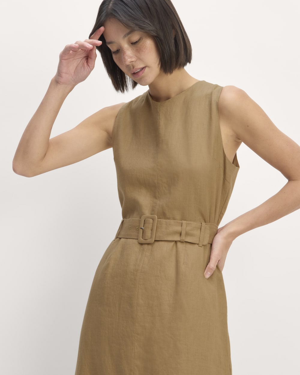 womens-linen-belted-midi-dress-tigers-eye | primary