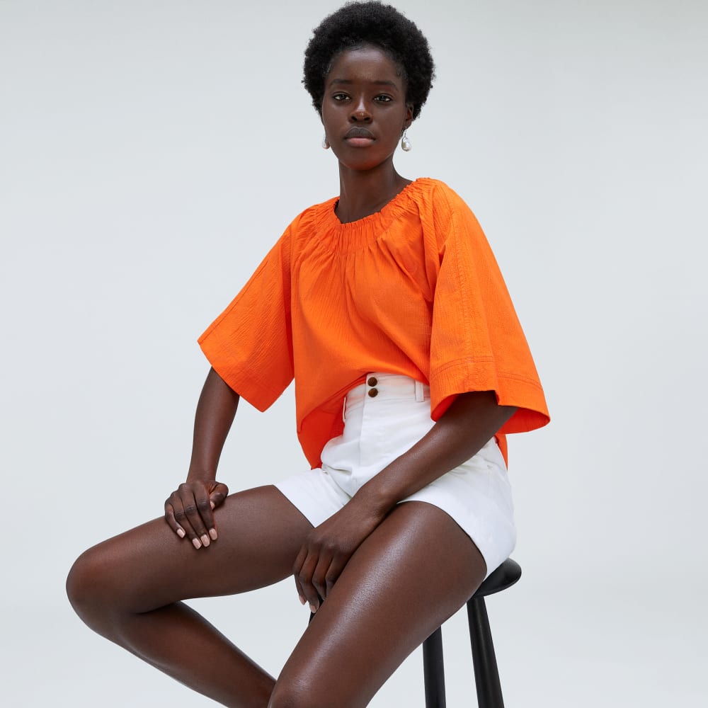 womens-seersucker-gathered-tee-bright-orange