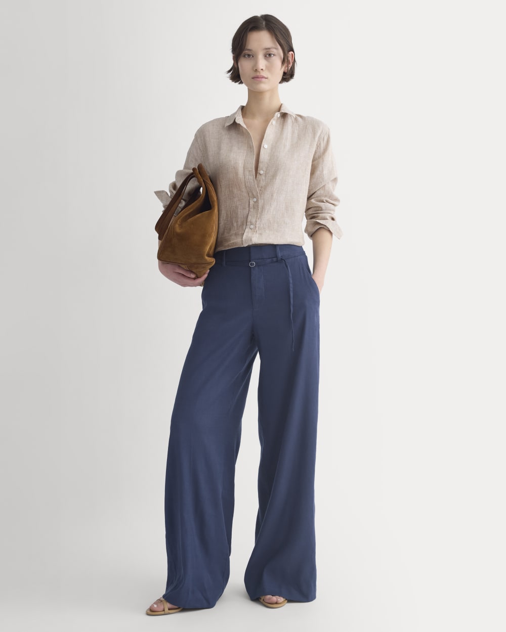 womens-wide-leg-belted-pant-stretchlinen-long-navy | primary